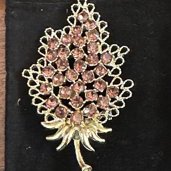 Vintage brooch single leaf amber rhinestones. Pin back, good toned, amazing - Picture 7 of 12